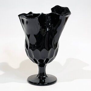 Fenton Black Amethyst Glass Footed Handkerchief Vase Thumbprint Pattern 1960's